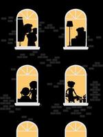 Night windows building with people silhouettes vector