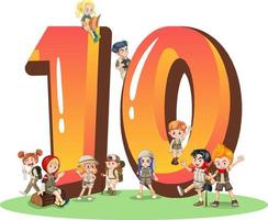Ten kids with number ten cartoon vector