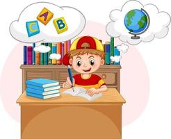 A kid doing homework with speech bubble in the library vector