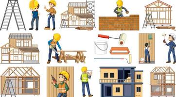 Set of construction site objects and workers vector