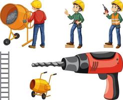 Set of construction site objects and workers vector