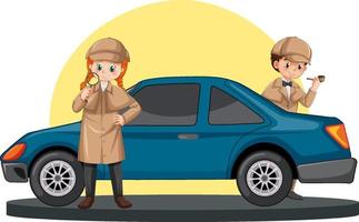 Detective looking for clues with magnifying glass and car on white background vector