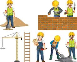 Set of construction site objects and workers vector