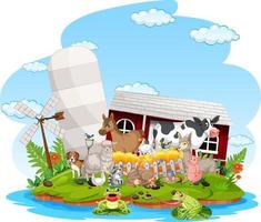 Farm scene with many animals by the barn vector