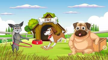 A group of different dog do various activities in the park vector