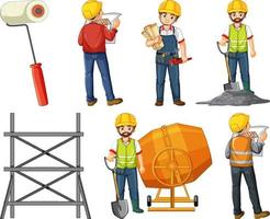 Set of construction site objects and workers vector