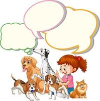 plantilla de burbujas de discurso con niña y mascotas vector