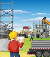 Building construction site with workers vector