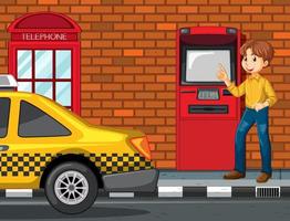 ATM on street scene with a man withdraw money vector