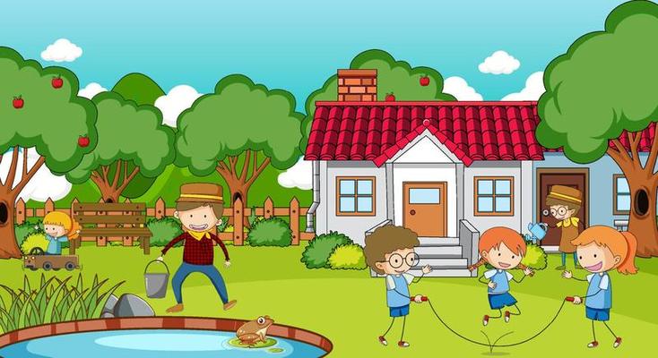 A simple house with kids  in nature background