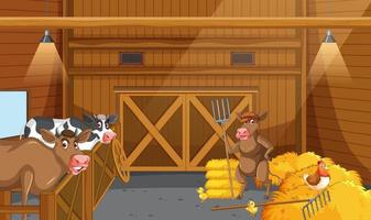 Stable scene with cows and chicken inside vector