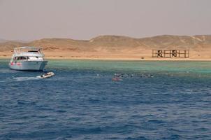 boat and many snorkelers in the sea photo