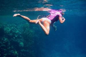 woman in purple shirt swims photo