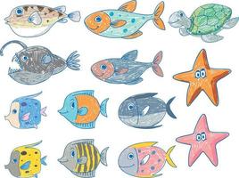 un papel con un diseño de garabato de las diferentes criaturas marinas con color vector