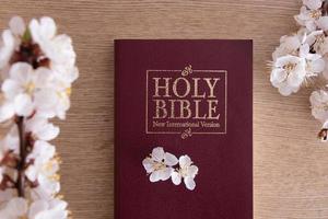 Santa Biblia en la vista superior de la mesa con rama de primavera floreciente foto
