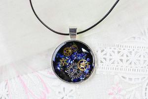 Steam Punk Style Pendant Necklace, Resin Art Multi Color Necklace, Resin pendant with cogs and timepiece photo