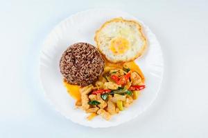 Stir fry chicken sweet onion and peppers, served with brown rice and fried egg on white plate photo