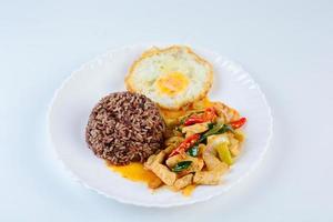 Stir fry chicken sweet onion and peppers, served with brown rice and fried egg on white plate photo