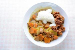 Japanese curry with dolphin rice shape and fried chicken. photo