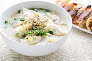 sopa wonton con cebolleta servida en un tazón blanco, enfoque selectivo foto