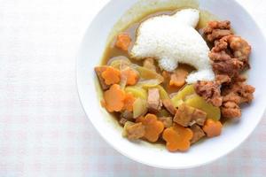 Japanese curry with dolphin rice shape and fried chicken. photo