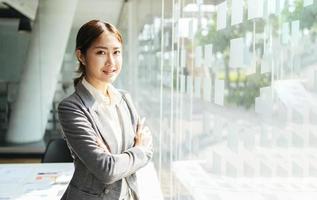 joven empresaria asiática de pie con los brazos cruzados en una oficina moderna