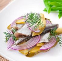 herring salad with pickled cucumbers and onions photo