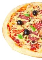 pizza with salami, tomatoes and mushrooms photo