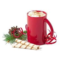 Christmas card with red coffee cup topped with whipped cream photo