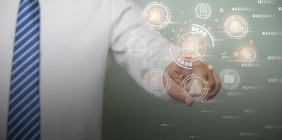 Virtual online database process automation to efficiently manage files. Business, Technology, Internet, and network. Businessman touching on document icon corporate data management system. photo