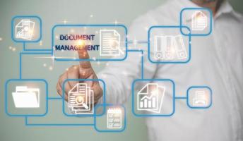 Businessman touching on document icon, corporate data management system. Business, Technology, Internet and network. Document management system concept.