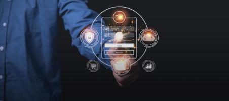 Businessman login by password, and finger scan for protecting business data, and personal information from hackers. Use technology, cyber security data concept. IoT and internet technology. photo