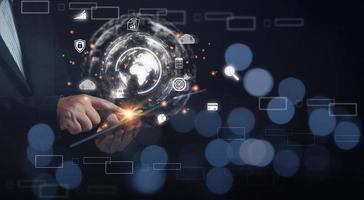 Businessman touching tablet holding on hands the virtual world digital online. For providing access to information data, innovation and technology. Internet digital networking online, business. photo