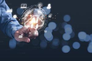 Businessman touching icon cloud computing with AI and virtual world, network and data information. Protection database, business, internet digital network, technology concept. photo