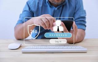 Use smartphone protection with 2Fa. Cyber security protects the database of the internet online. Personal online privacy encrypted data. photo