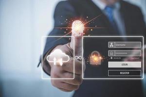 Cyber security login by password concept. User login identification personal information for the security of privacy protection data. Use password input login. Businessman touching on virtual screen. photo