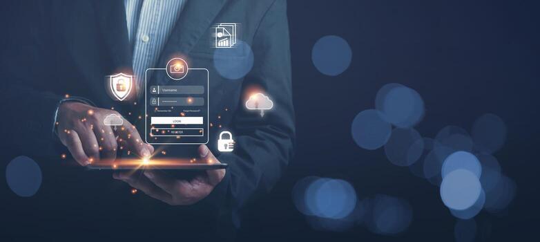 Personal information is safe and must be logged in using a password. Protect personal information, business people are scanning their fingerprints to log into the internet. photo