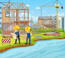 Building construction site and workers vector