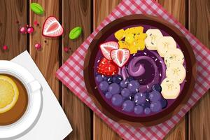 Top view Acai food bowl and placemat on wood table vector