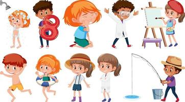 Set of children doing different activities on white background vector