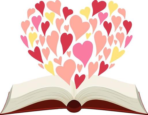 Opened book with many hearts forming a heart