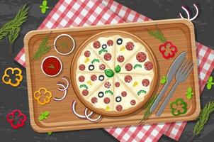 Top view of cheese pizza on a wooden tray vector