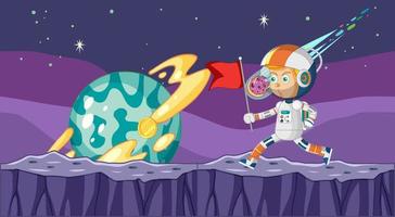 Scene with astronaut putting flag on planet vector