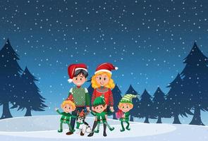 Family on christmas day at night time vector