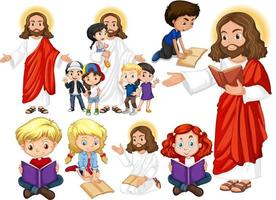 Jesus and happy children reading book vector