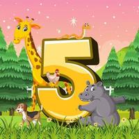 Different five animals attached to number five vector