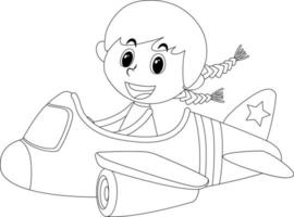 una chica en avión personaje de garabato en blanco y negro vector