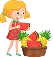 niña con canasta de frutas sobre fondo blanco vector