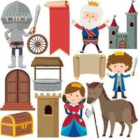 Medieval characters buildings set vector