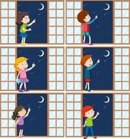 Set of different kids pointing finger to the moon vector